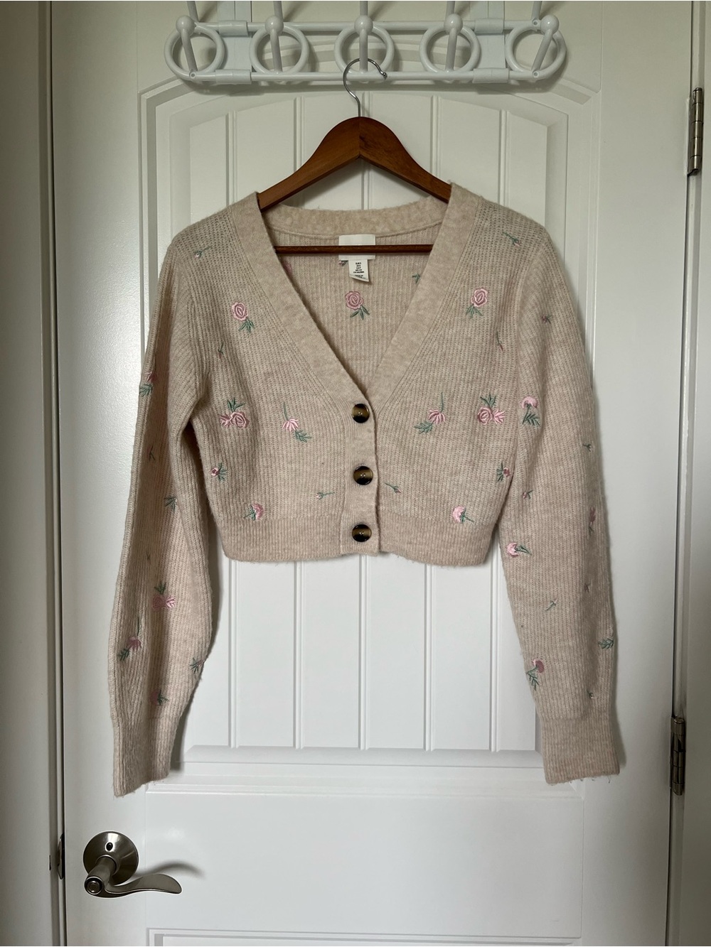H&M Cropped Cardigan with Pink Floral Embroidery